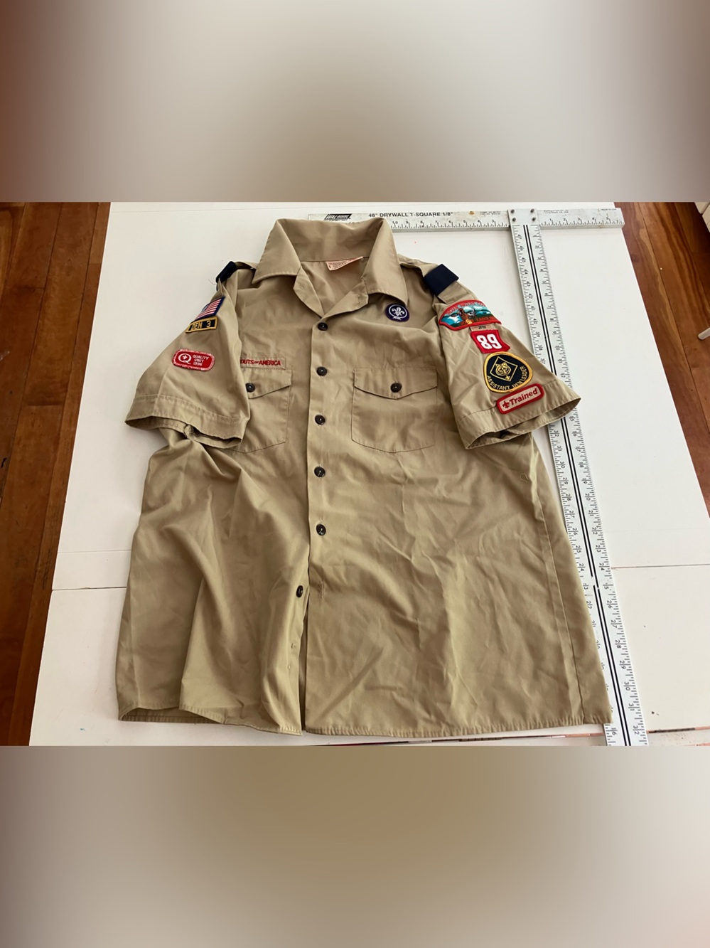 Vintage made in USA Boy Scouts Tan Uniform Shirt - Official Patch scout
